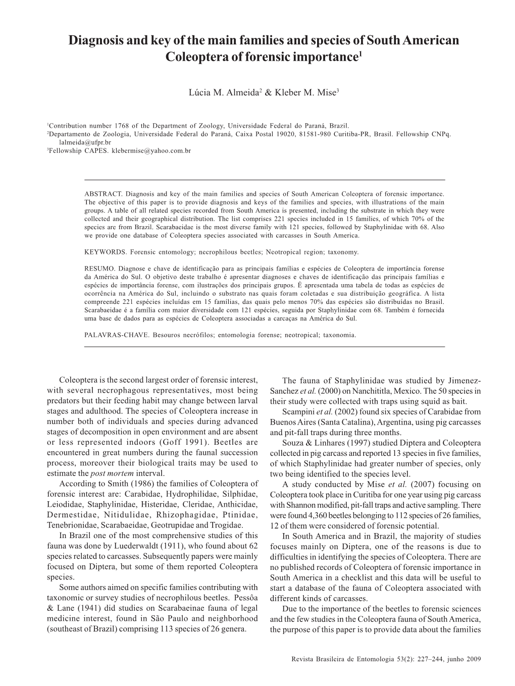 Diagnosis and Key of the Main Families and Species of South American Coleoptera of Forensic Importance