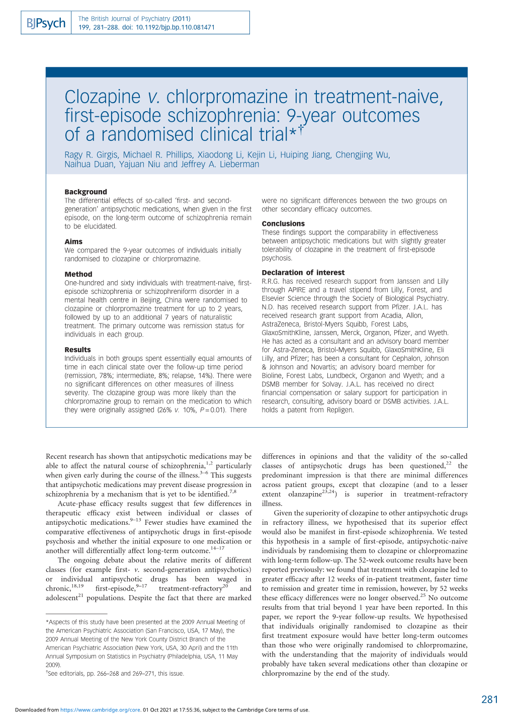 Clozapine V. Chlorpromazine in Treatment-Naive, First-Episode Schizophrenia: 9-Year Outcomes of a Randomised Clinical Trial*{ Ragy R