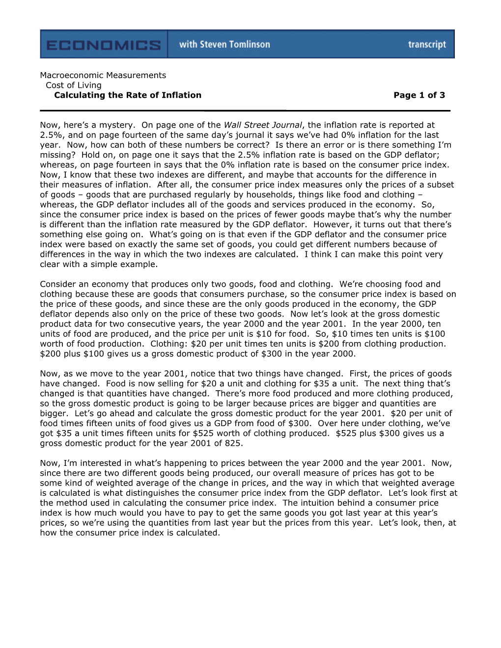 Macroeconomic Measurements Cost of Living Calculating the Rate of Inflation Page 1 of 3