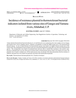 Incidence of Resistance Plasmid in Thermotolerant Bacterial Indicators Isolated from Various Sites of Ganges and Yamuna Rivers, Allahabad, U.P