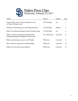 Padres Press Clips Wednesday, February 22, 2017