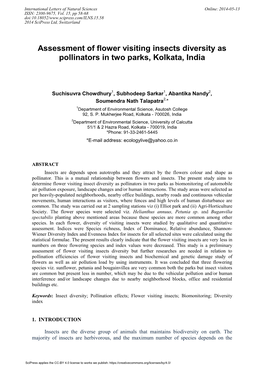 Assessment of Flower Visiting Insects Diversity As Pollinators in Two Parks, Kolkata, India