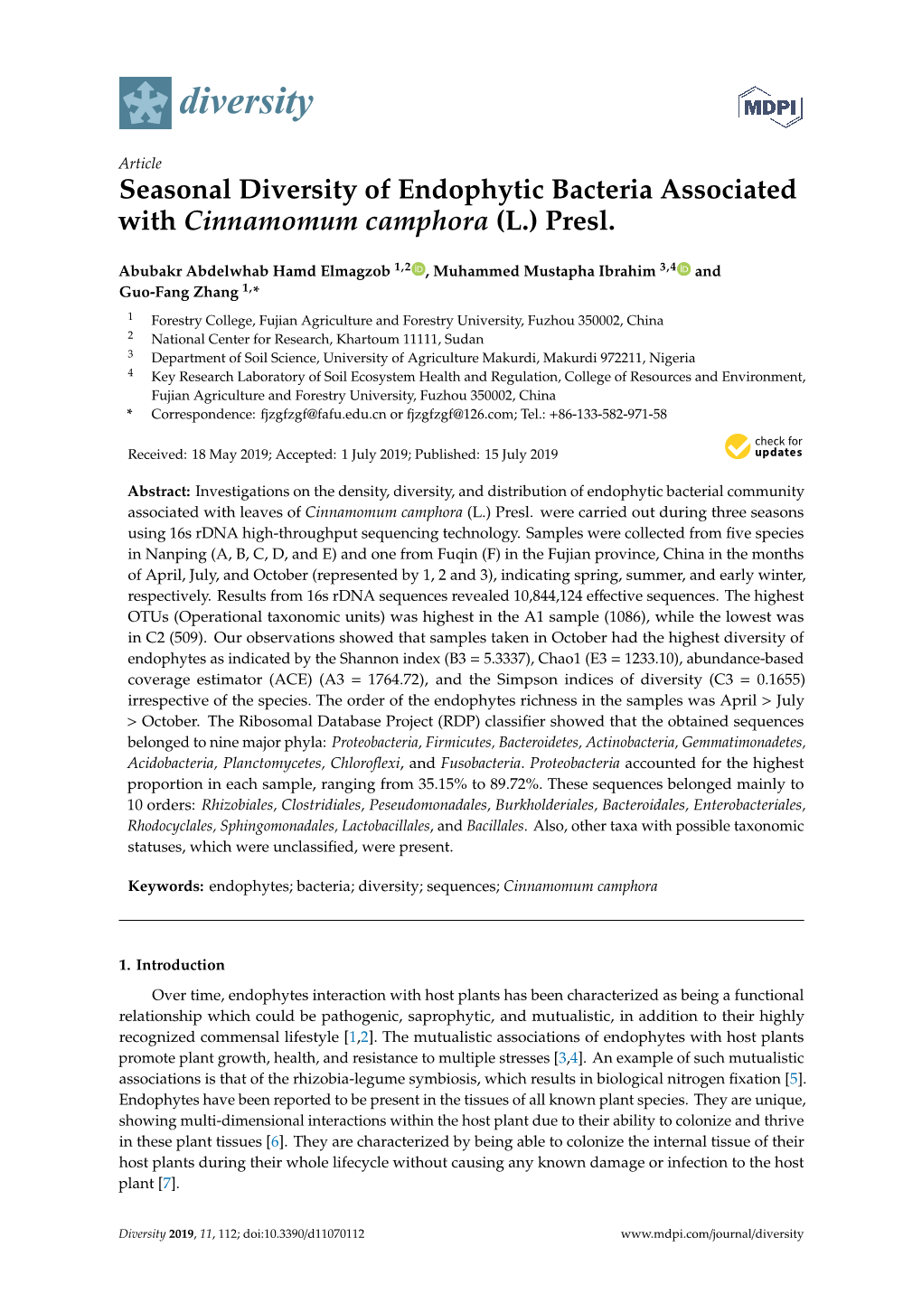 Seasonal Diversity of Endophytic Bacteria Associated with Cinnamomum Camphora (L.) Presl