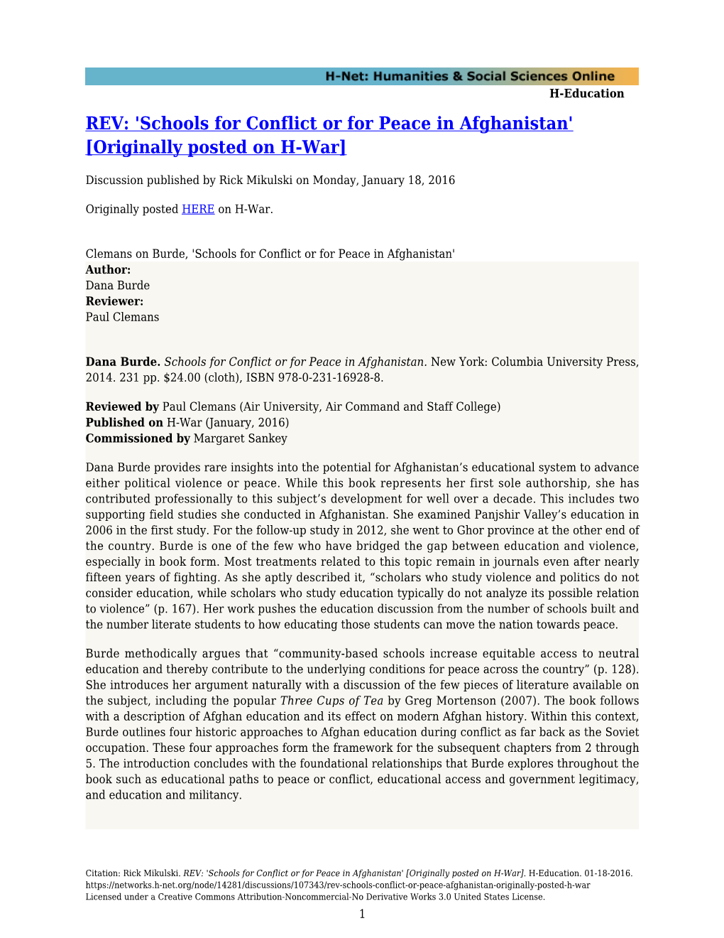 Schools for Conflict Or for Peace in Afghanistan' [Originally Posted on H-War]