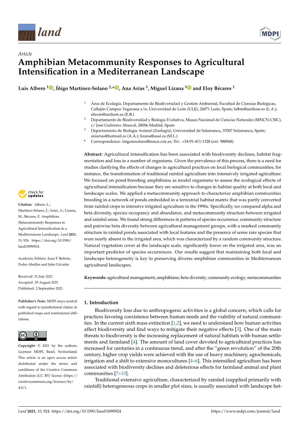 Amphibian Metacommunity Responses to Agricultural Intensiﬁcation in a Mediterranean Landscape