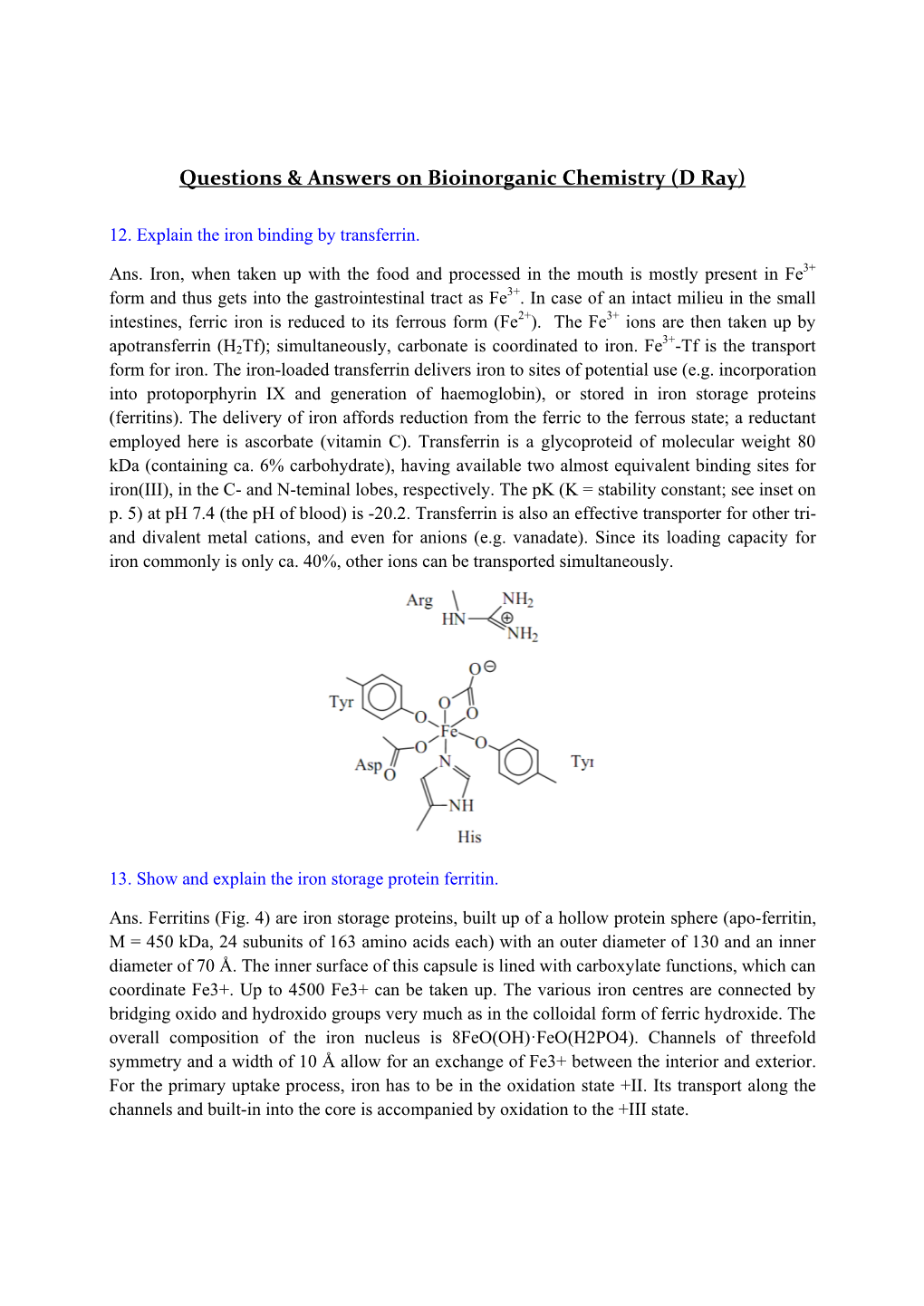 Questions & Answers on Bioinorganic Chemistry (D Ray)