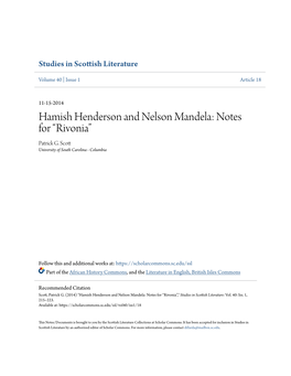 Hamish Henderson and Nelson Mandela: Notes for “Rivonia” Patrick G