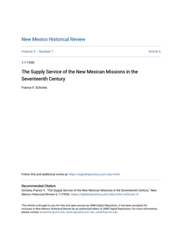 The Supply Service of the New Mexican Missions in the Seventeenth Century