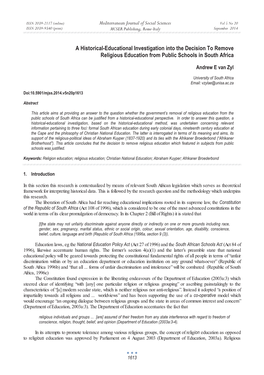 A Historical-Educational Investigation Into the Decision to Remove Religious Education from Public Schools in South Africa