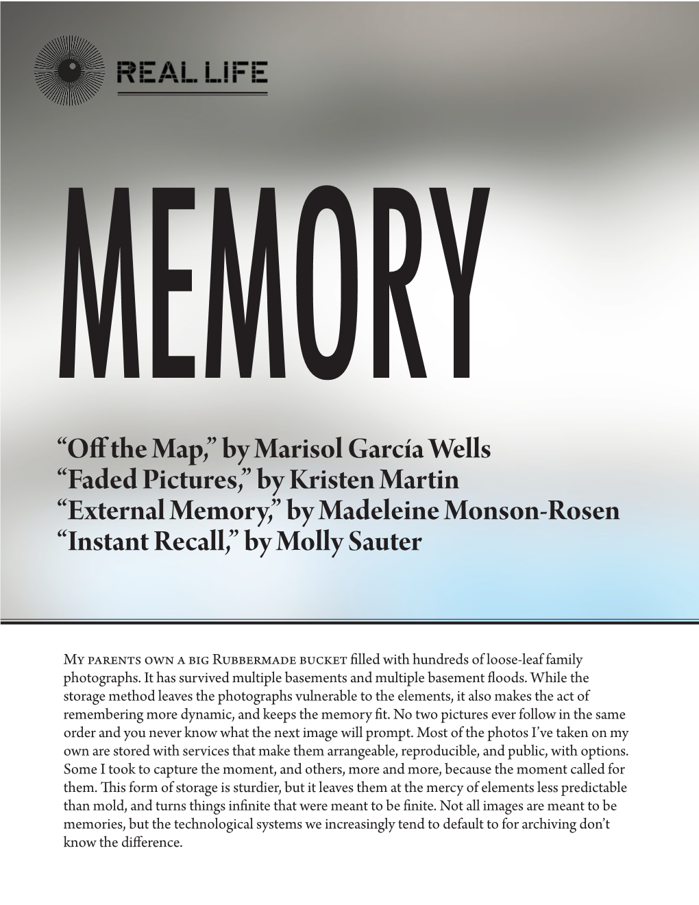 “Off the Map,” by Marisol García Wells “Faded Pictures,” by Kristen Martin “External Memory,” by Madeleine Monson-Rosen “Instant Recall,” by Molly Sauter