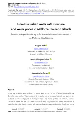 Domestic Urban Water Rate Structure and Water Prices in Mallorca, Balearic Islands