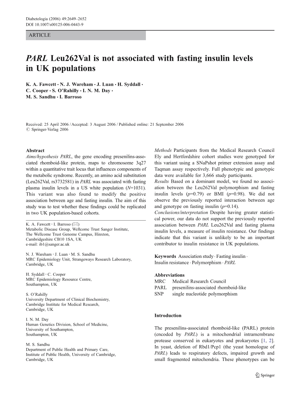 PARL Leu262val Is Not Associated with Fasting Insulin Levels in UK Populations