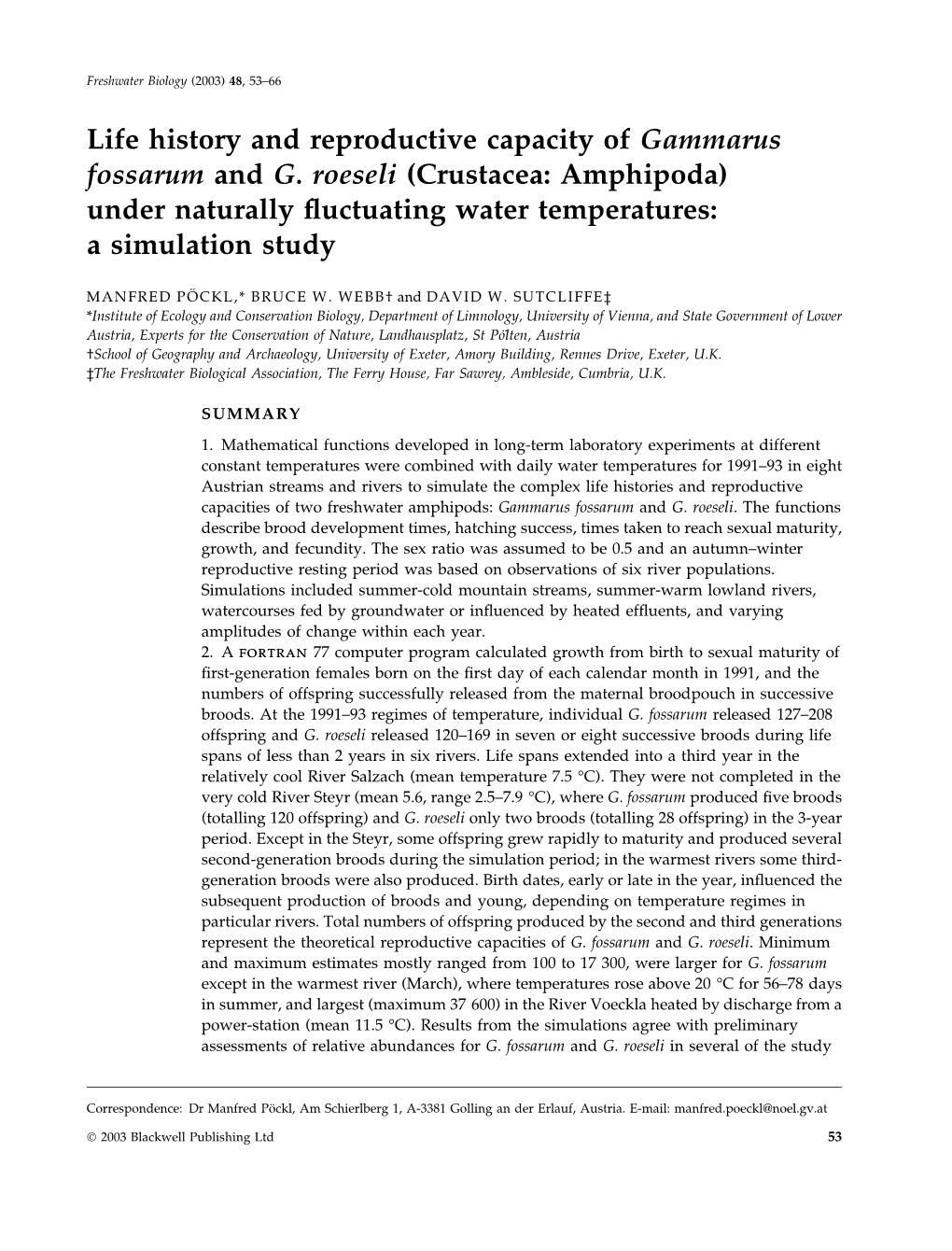 Life History and Reproductive Capacity of Gammarus Fossarum and G. Roeseli (Crustacea: Amphipoda) Under Naturally ﬂuctuating Water Temperatures: a Simulation Study