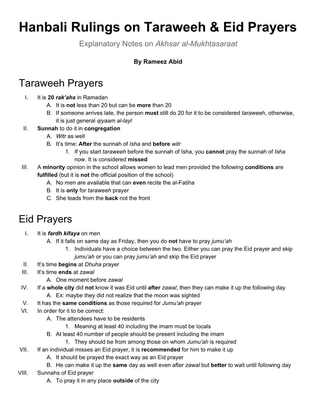 Hanbali Rulings on Taraweeh & Eid Prayers