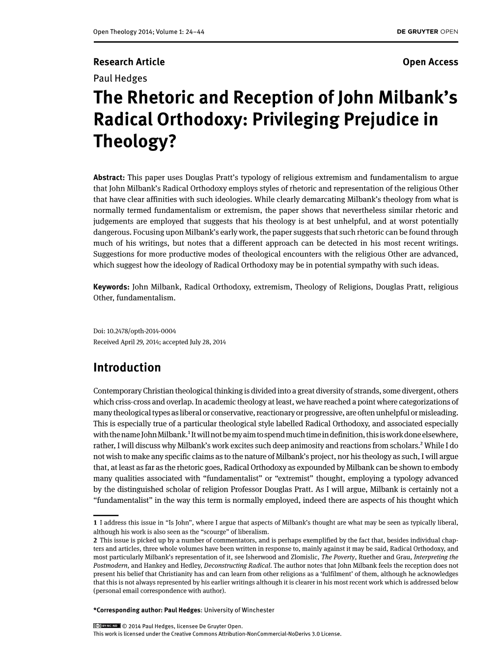 The Rhetoric and Reception of John Milbank's Radical Orthodoxy