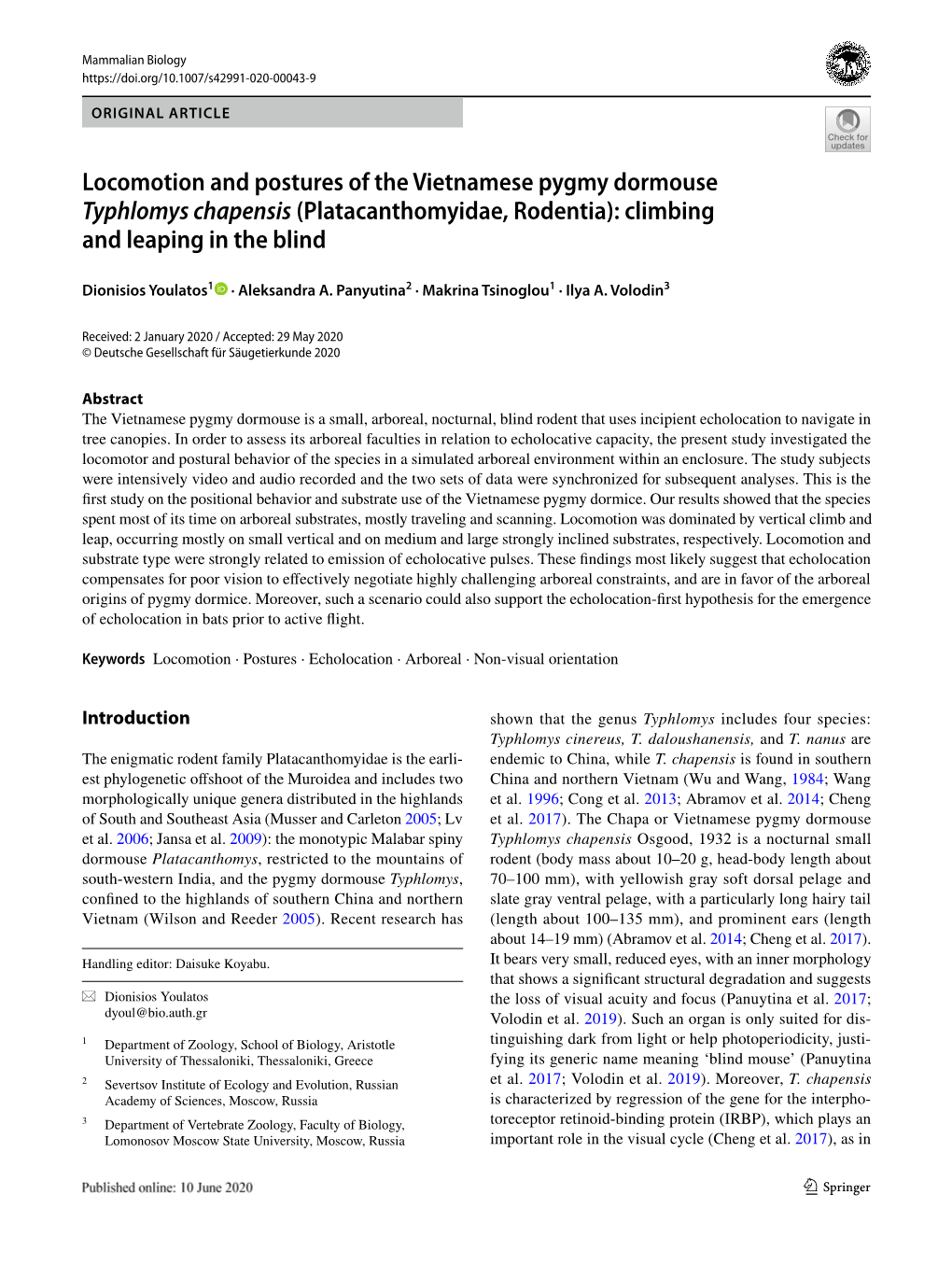 Platacanthomyidae, Rodentia): Climbing and Leaping in the Blind