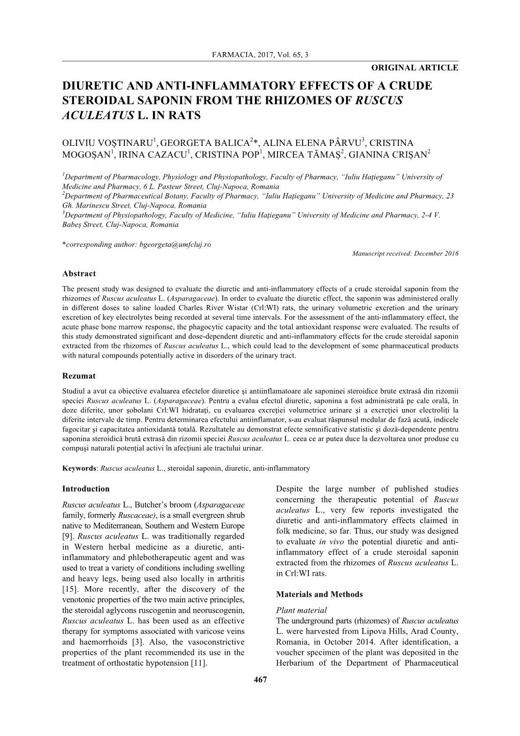 Diuretic and Anti-Inflammatory Effects of a Crude Steroidal Saponin from the Rhizomes of Ruscus Aculeatus L