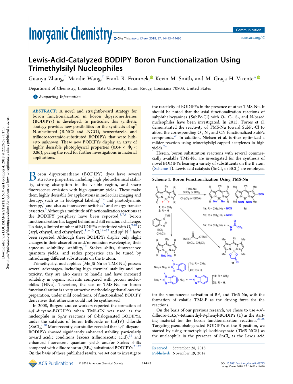 Lewis-Acid-Catalyzed BODIPY Boron Functionalization Using Trimethylsilyl Nucleophiles † † Guanyu Zhang, Maodie Wang, Frank R