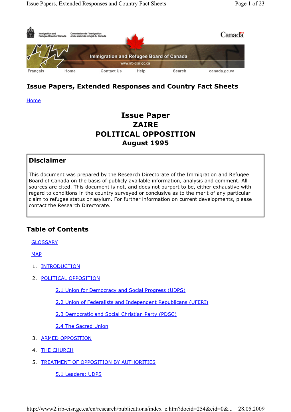 Issue Paper ZAIRE POLITICAL OPPOSITION August 1995