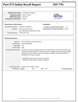 Part 573 Safety Recall Report 20V-791