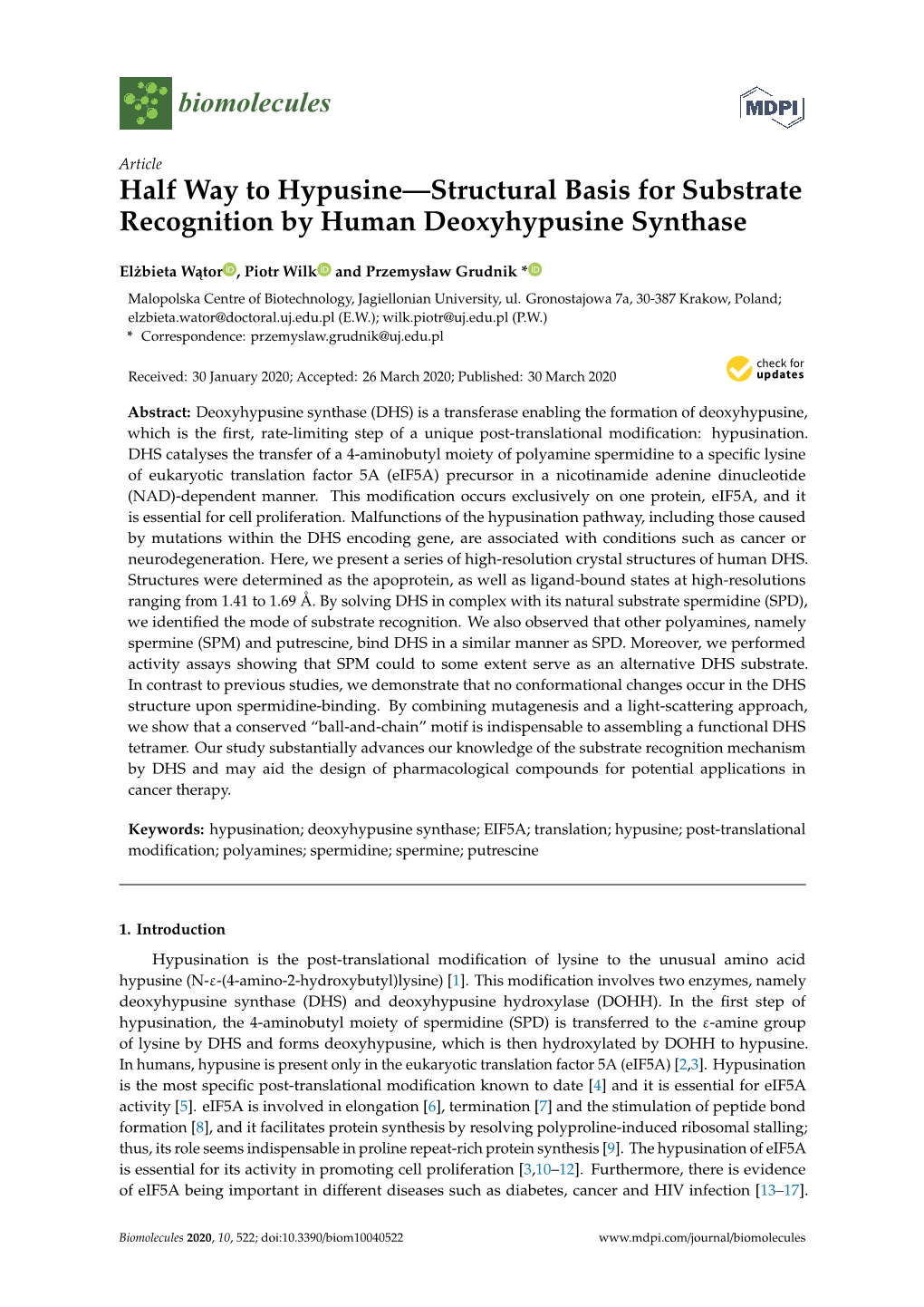 Halfway to Hypusine—Structural Basis for Substrate Recognition by Human