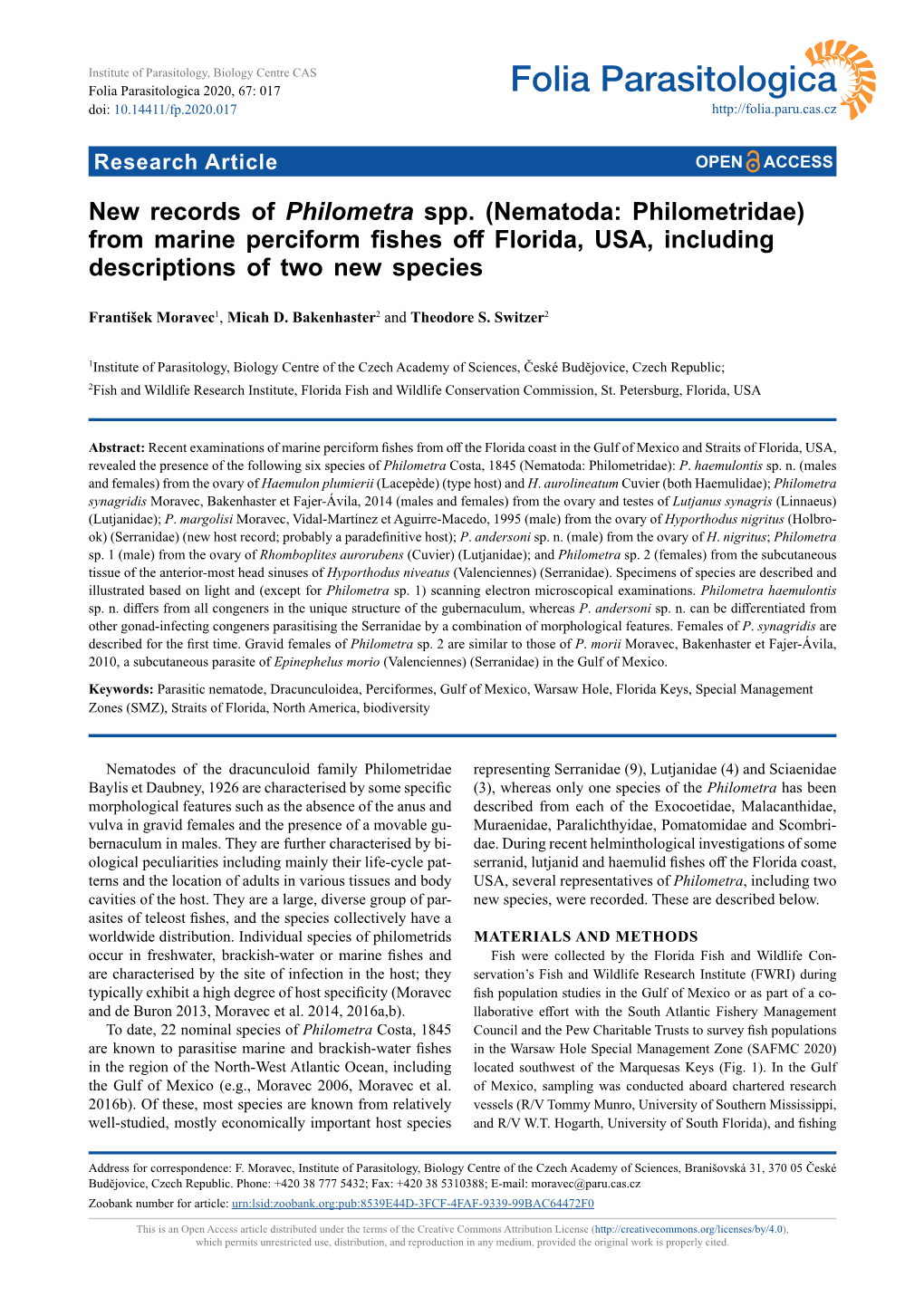 New Records of Philometra Spp. (Nematoda: Philometridae) from Marine Perciform Fishes Off Florida, USA, Including Descriptions of Two New Species