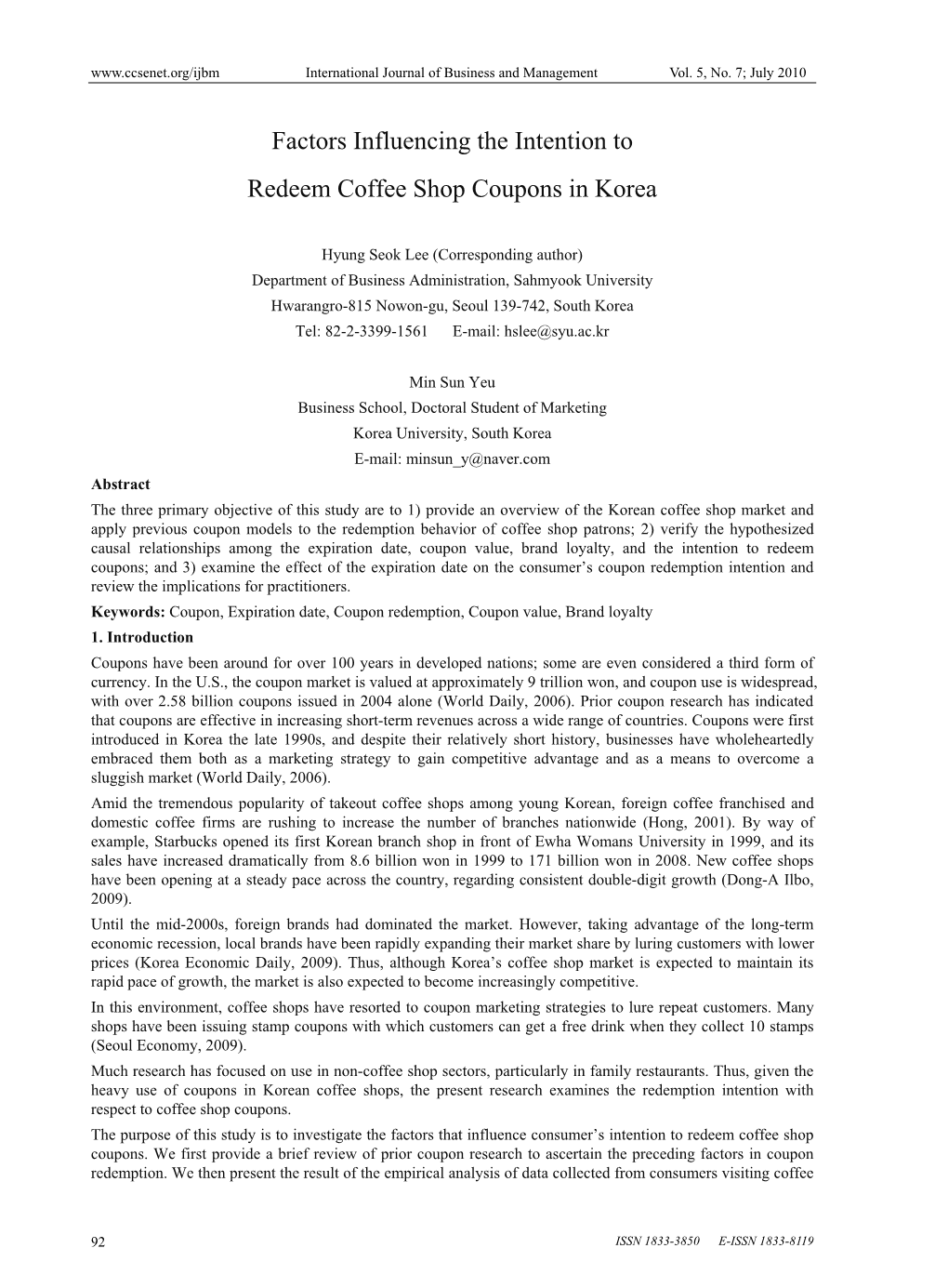 Factors Influencing the Intention to Redeem Coffee Shop Coupons in Korea