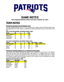 GAME NOTES New England Patriots at New York Jets– October 15, 2017