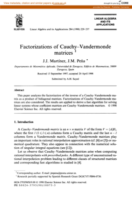 Factorizations of Cauchy-Vandermonde Matrices '