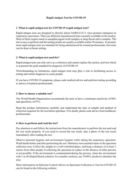 (Rapid Antigen Test)? Rapid Antigen Tests Are Designed to Directly Detect SARS-Cov-2 Virus Proteins (Antigens) in Respiratory Specimens