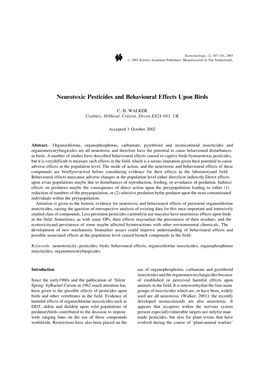 Neurotoxic Pesticides and Behavioural Effects Upon Birds