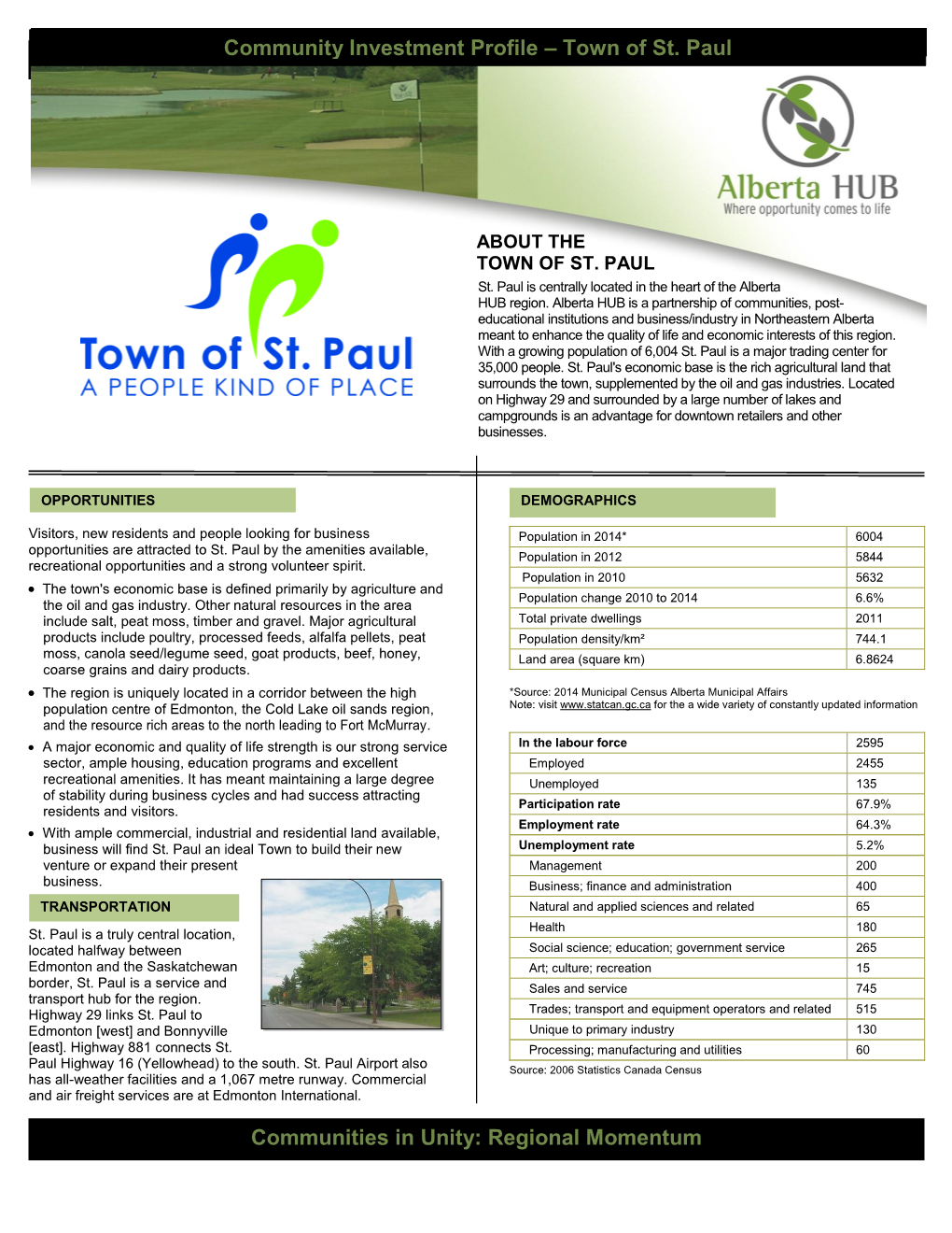 Community Investment Profile – Town of St. Paul Community Investment Profile – Town of St