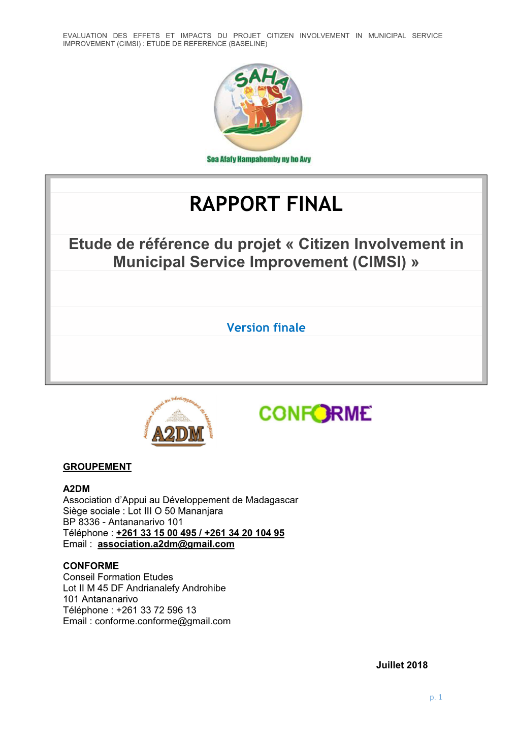 Citizen Involvement in Municipal Service Improvement (Cimsi) : Etude De Reference (Baseline)