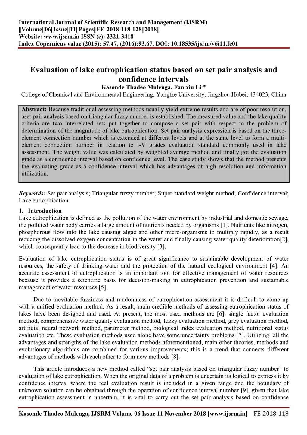 Evaluation of Lake Eutrophication Status Based on Set Pair Analysis