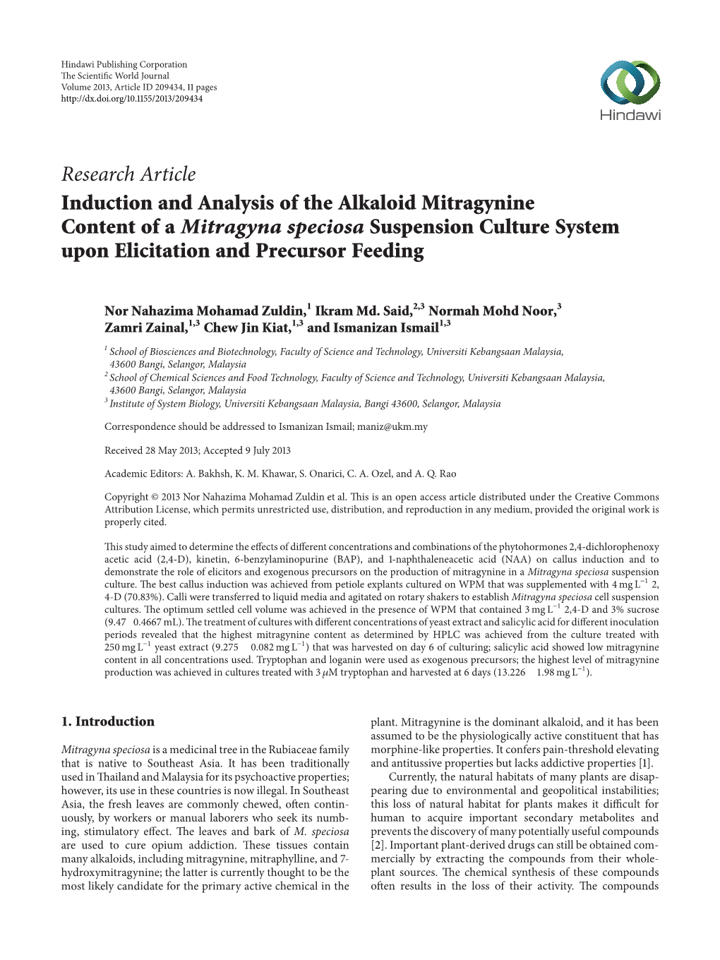 Induction and Analysis of the Alkaloid Mitragynine Content of a Mitragyna Speciosa Suspension Culture System Upon Elicitation and Precursor Feeding