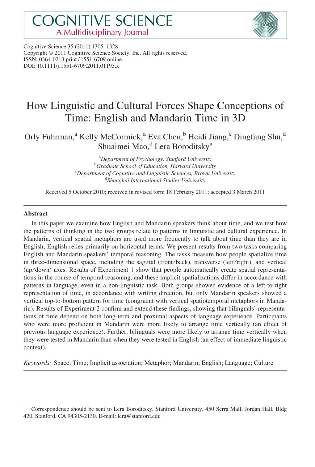 How Linguistic and Cultural Forces Shape Conceptions of Time: English and Mandarin Time in 3D
