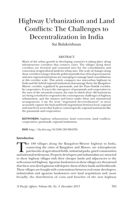 Highway Urbanization and Land Conflicts: the Challenges to Decentralization in India Sai Balakrishnan