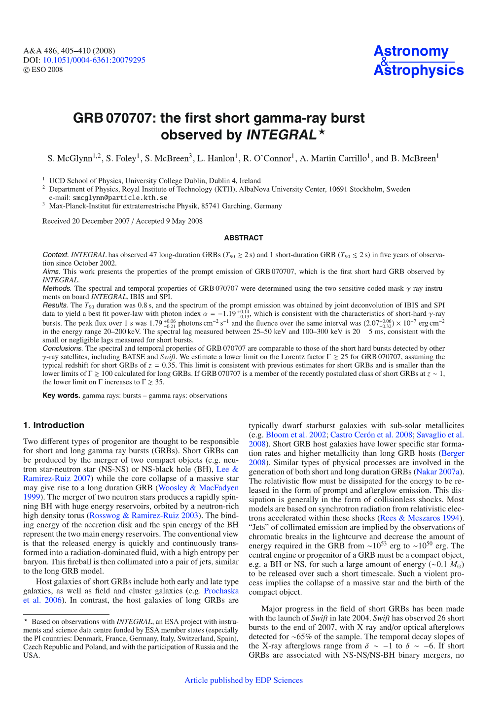 GRB 070707: the ﬁrst Short Gamma-Ray Burst Observed by INTEGRAL