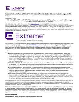 Extreme Networks Named Official Wi-Fi Solutions Provider to the National Football League for 7Th Season