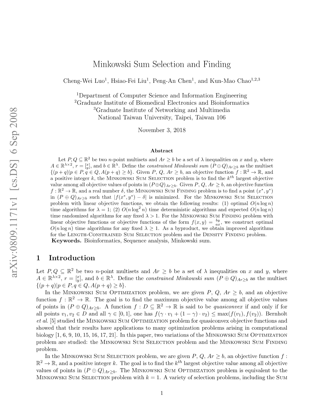 Minkowski Sum Selection and Finding