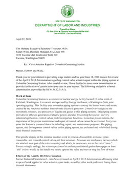 Determination Regarding Control Valve Actuator Repair Within the Piping System at Columbia Generating Station