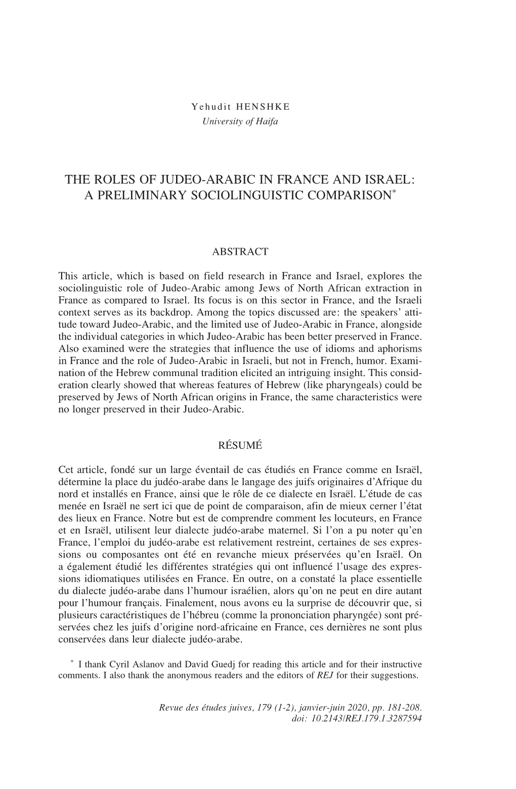 The Roles of Judeo-Arabic in France and Israel: a Preliminary Sociolinguistic Comparison*