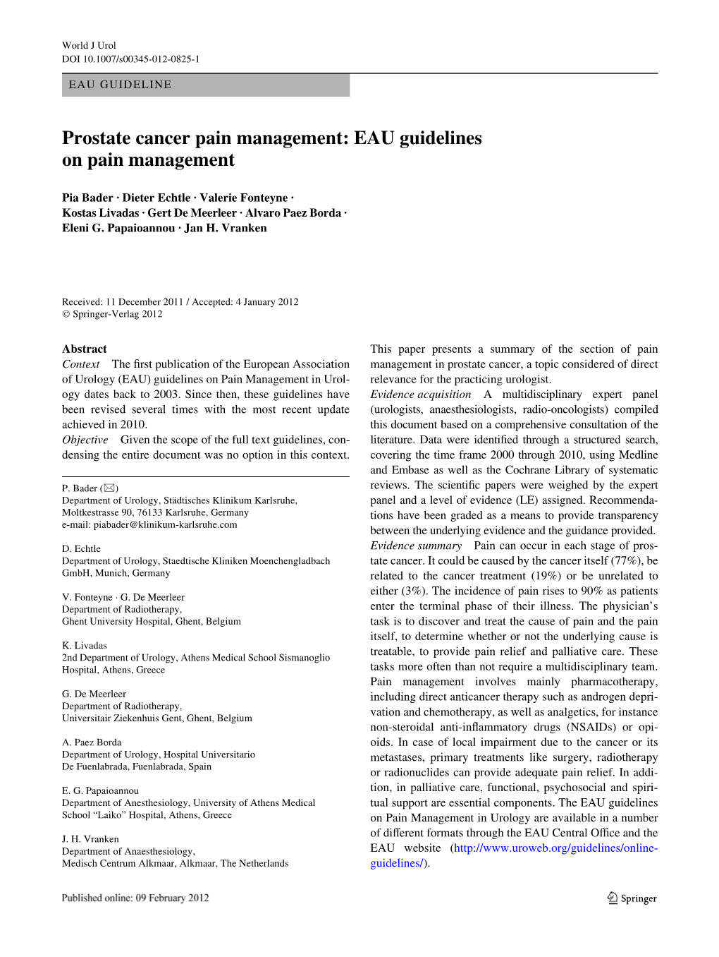 Prostate Cancer Pain Management: EAU Guidelines on Pain Management