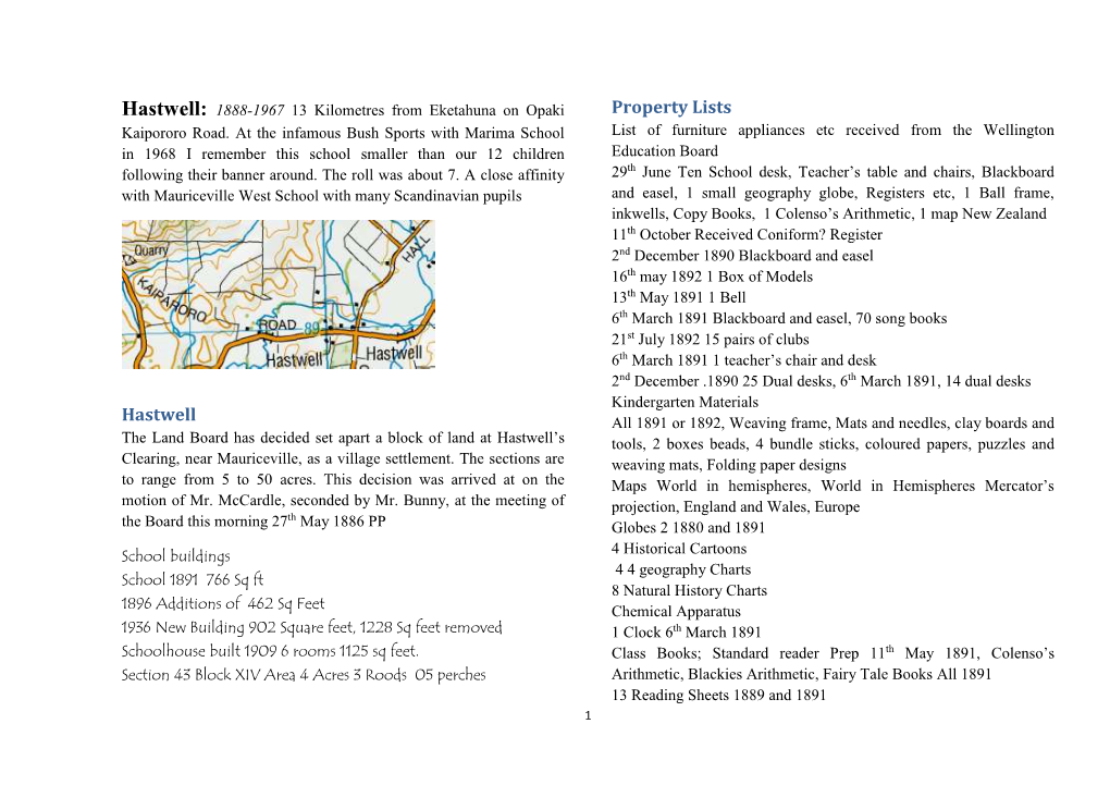 Hastwell: 1888-1967 13 Kilometres from Eketahuna on Opaki Property Lists Kaipororo Road