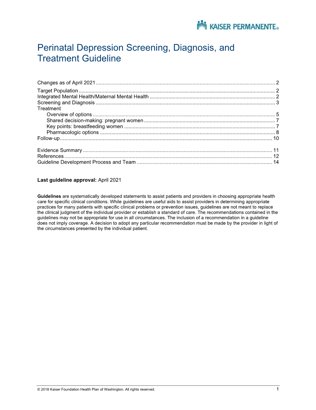 Perinatal Depression Screening, Diagnosis, and Treatment Guideline