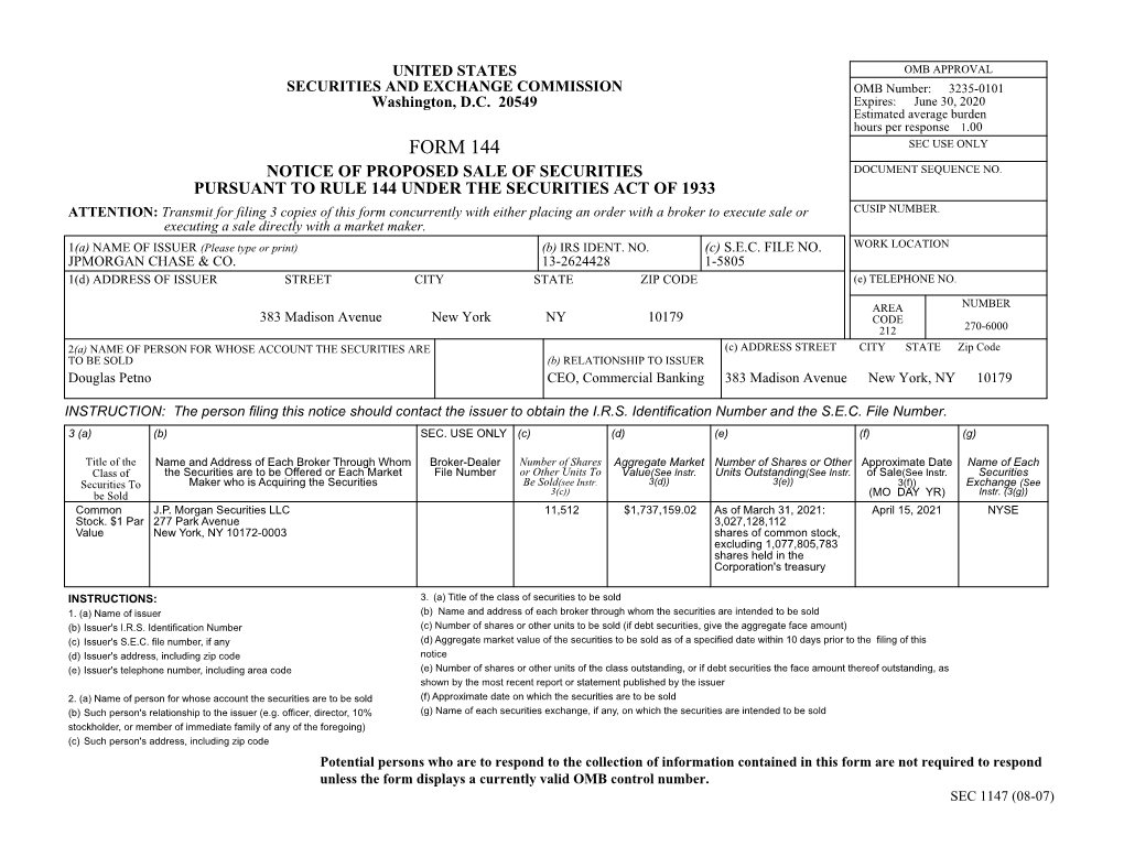 Form 144 Sec Use Only Notice of Proposed Sale of Securities Document Sequence No