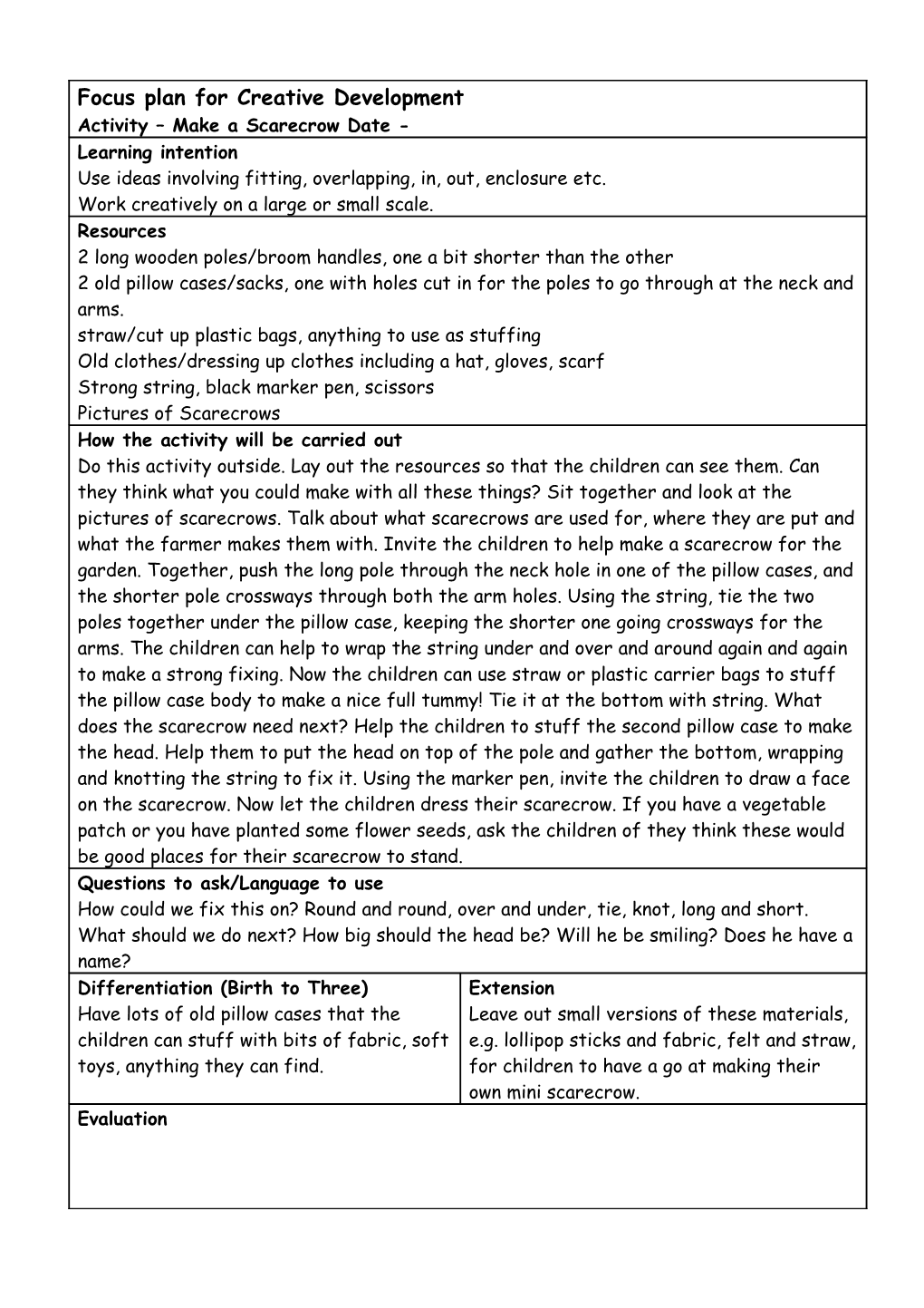 Focus Plan for Circle Time