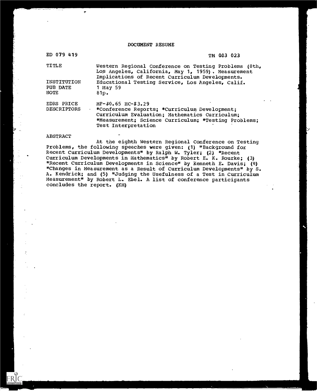 DOCUMENT RESUME ED 079 419 TM 003 023 TITLE Western