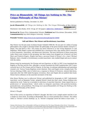 Things Are Nothing to Me: the Unique Philosophy of Max Stirner'