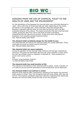 Dangers from the Use of Chemical Toilet to the Health of User and the Environment